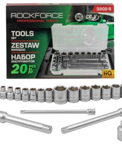 Вложки Комплект 20 части 3/8" (6-22мм) ROCKFORCE + Преходници и Удължения 1/2 и 1/4 RF-3202-5