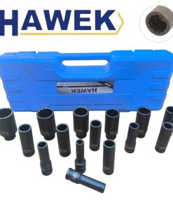Дълбоки Ударни Вложки 1/2″ Удължени 12 Стенни CR–MO 15 части HAWEK (10 - 32мм)