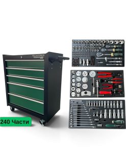Професионален Шкаф с Инструменти ROCKFORCE с 5 Чекмеджета - Мобилна Количка с 240 части - Професионални Инструменти